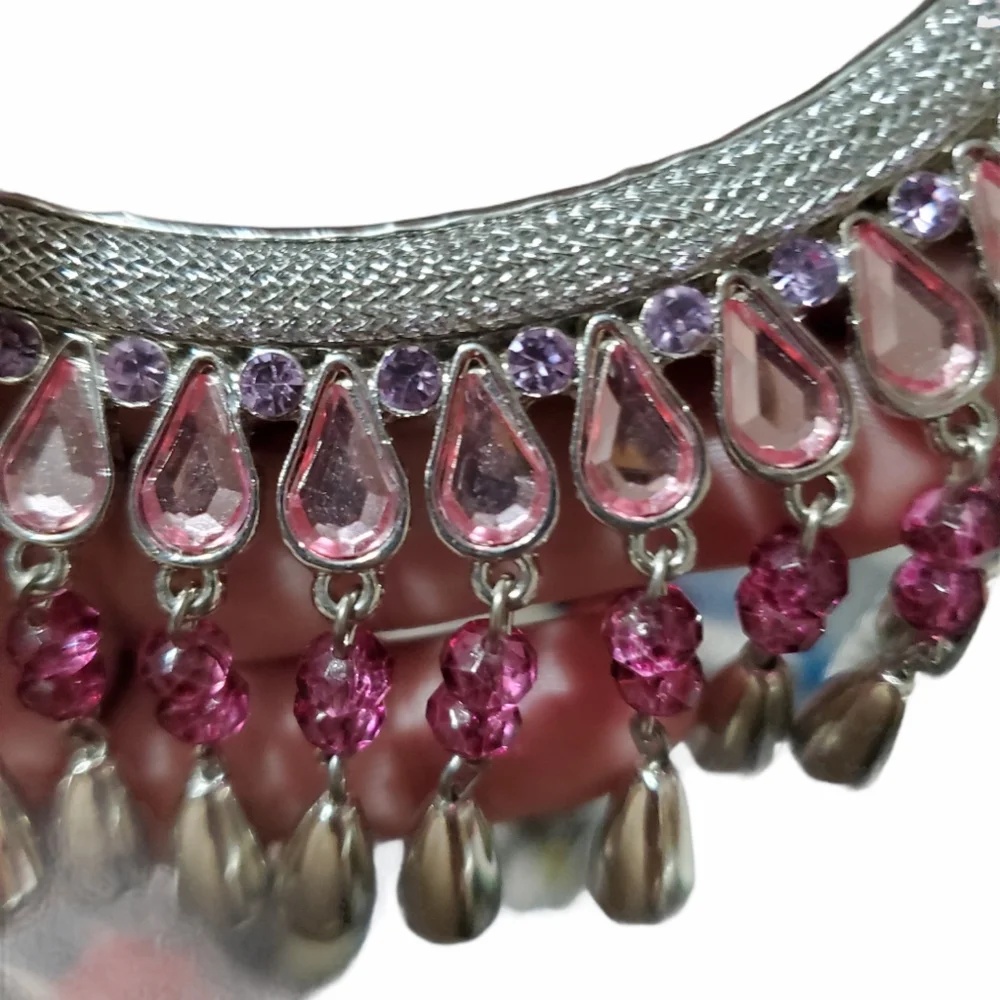 Big Bold Beautiful Pink Crystal Rhinestones Silver Teardrops Statement Necklace